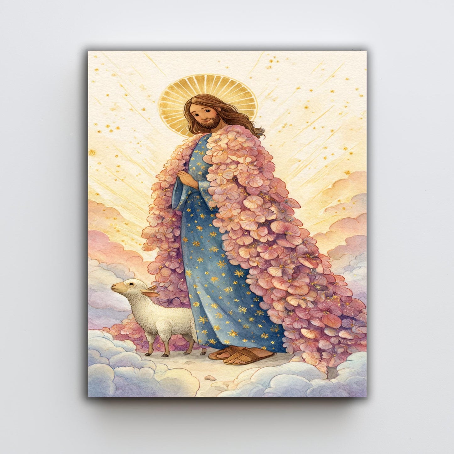 Jesus Christ Art Print in Pastel Storybook Style with Pink Floral Robe and Lamb Christian Wall Decor for Nursery or Prayer Room Jesus Canvas