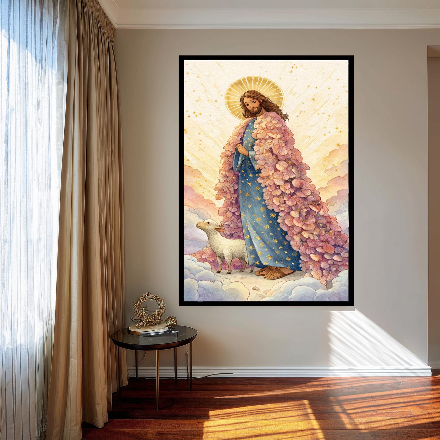 Jesus Christ Art Print in Pastel Storybook Style with Pink Floral Robe and Lamb Christian Wall Decor for Nursery or Prayer Room Jesus Canvas