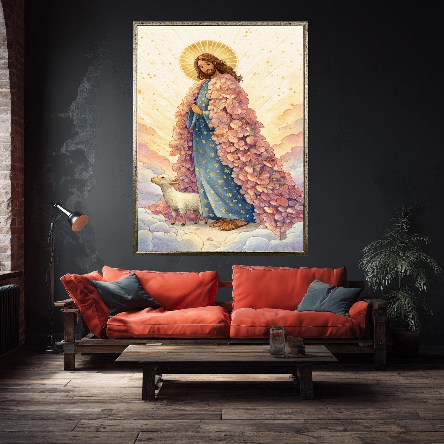 Jesus Christ Art Print in Pastel Storybook Style with Pink Floral Robe and Lamb Christian Wall Decor for Nursery or Prayer Room Jesus Canvas