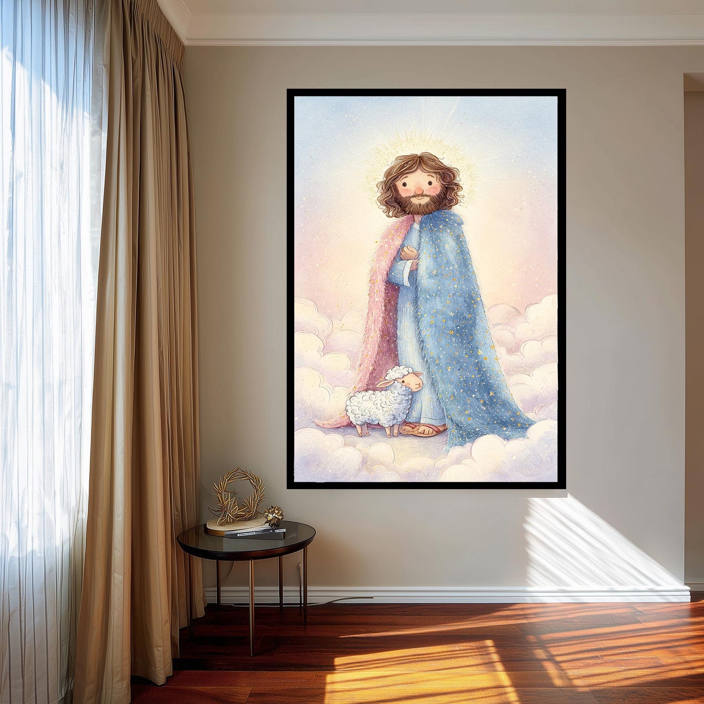 Jesus Christ Storybook Wall Art Print with Lamb and Starry Robe in Soft Pastel Christian Illustration for Nursery or Childs Room Decor