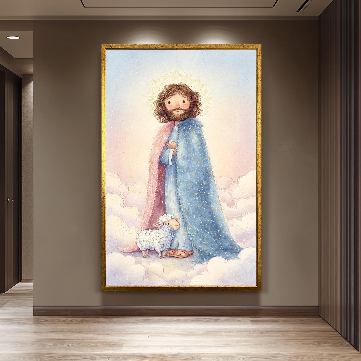 Jesus Christ Storybook Wall Art Print with Lamb and Starry Robe in Soft Pastel Christian Illustration for Nursery or Childs Room Decor