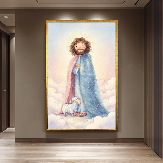 Jesus Christ Storybook Wall Art Print with Lamb and Starry Robe in Soft Pastel Christian Illustration for Nursery or Childs Room Decor