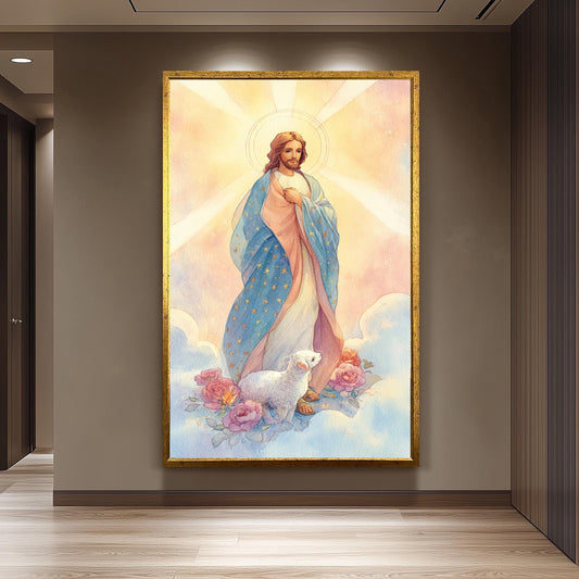 Jesus Christ Watercolor Wall Art with Lamb and Blue Star Robe Pastel Christian Nursery Decor Inspirational Print for Prayer Room Jesus Print
