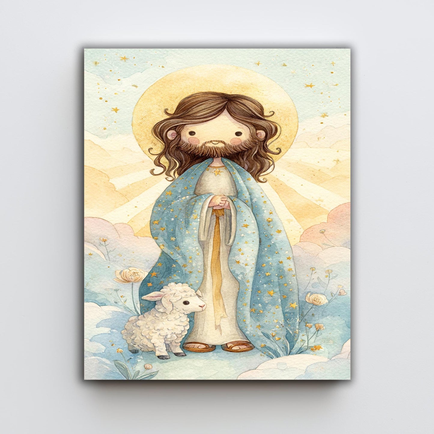 Cute Jesus Christ Storybook Art Print with Star Robe and Lamb Pastel Christian Nursery Decor for Kids Room or Baby Gift Wall Art Baby Jesus