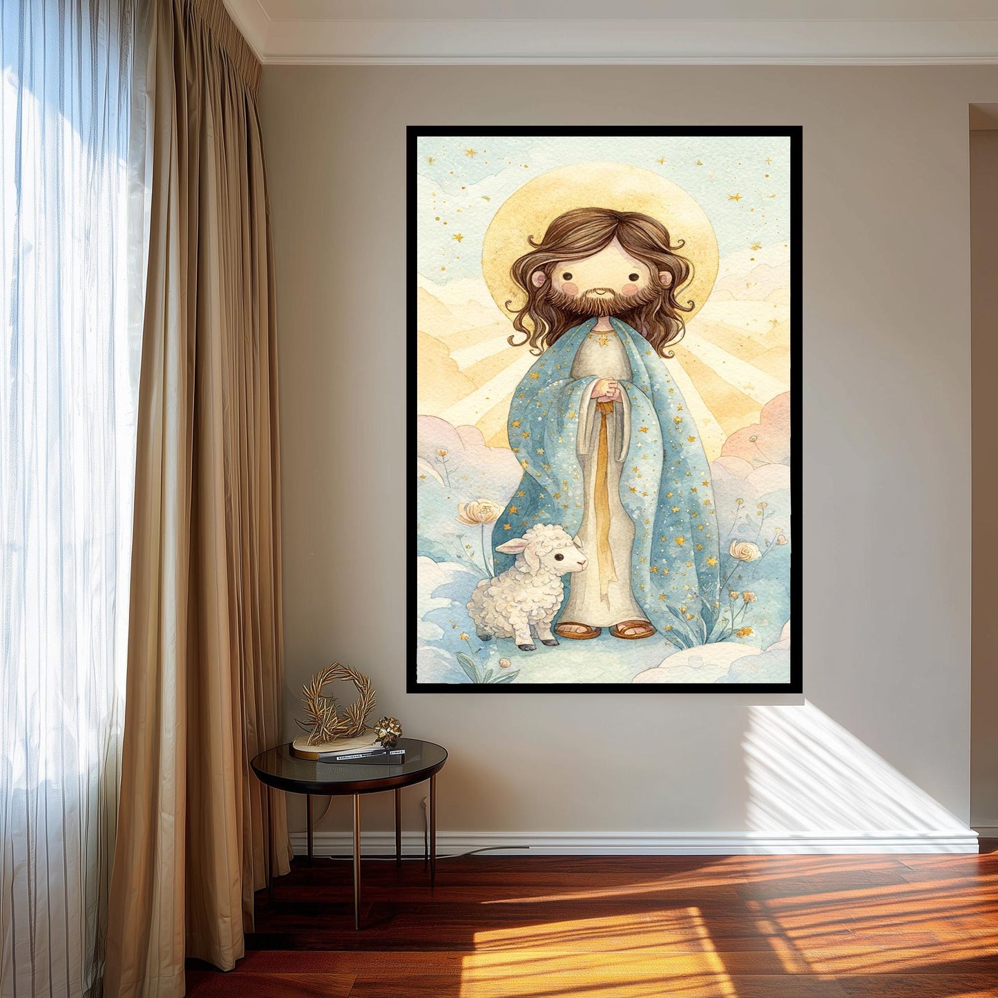 Cute Jesus Christ Storybook Art Print with Star Robe and Lamb Pastel Christian Nursery Decor for Kids Room or Baby Gift Wall Art Baby Jesus