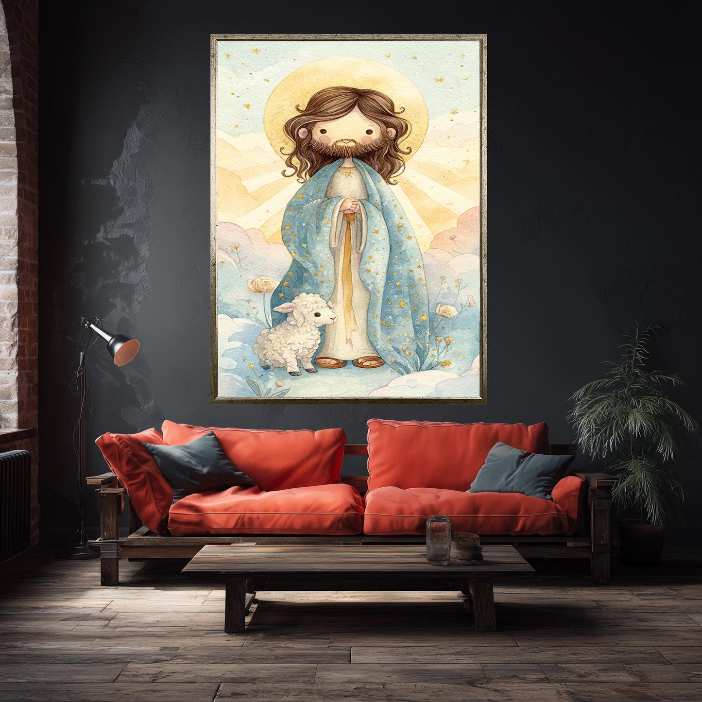 Cute Jesus Christ Storybook Art Print with Star Robe and Lamb Pastel Christian Nursery Decor for Kids Room or Baby Gift Wall Art Baby Jesus