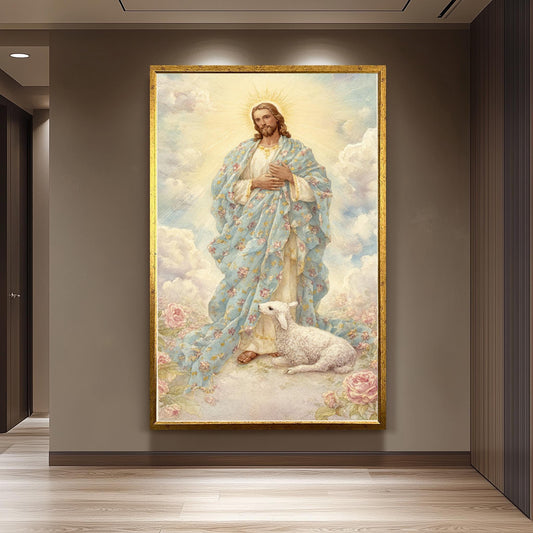 Jesus Christ Floral Robe Wall Art in Pastel Watercolor Style with Lamb Christian Nursery Print for Prayer Room or Inspirational Decor