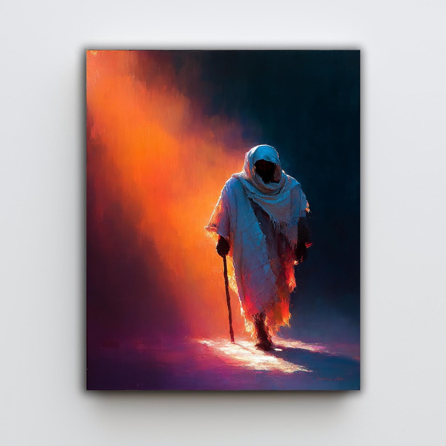 Jesus Walking in Light Modern Abstract Christian Painting Spiritual Wall Art in Warm Tones of Faith and Hope for Prayer Room or Home