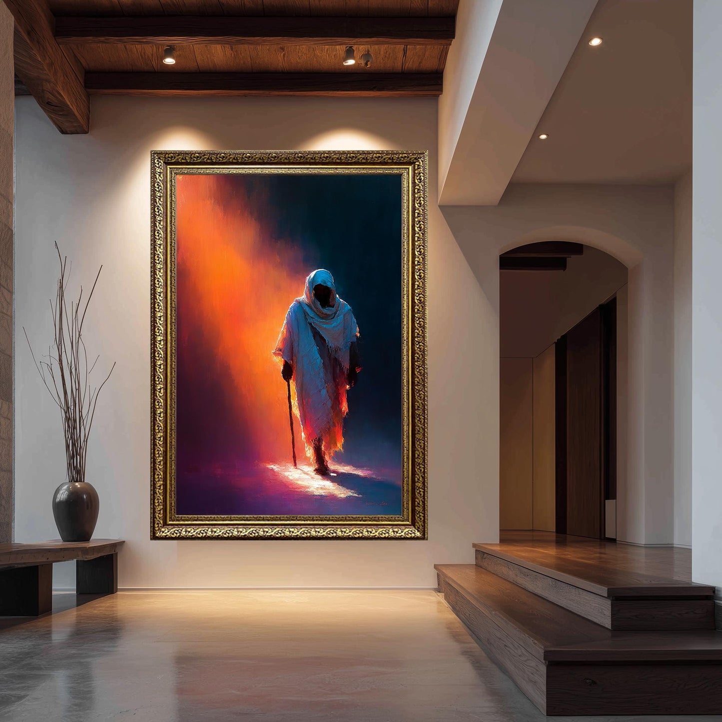Jesus Walking in Light Modern Abstract Christian Painting Spiritual Wall Art in Warm Tones of Faith and Hope for Prayer Room or Home