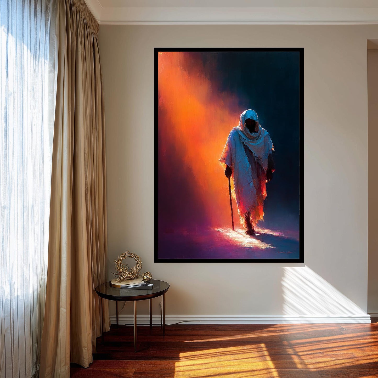 Jesus Walking in Light Modern Abstract Christian Painting Spiritual Wall Art in Warm Tones of Faith and Hope for Prayer Room or Home