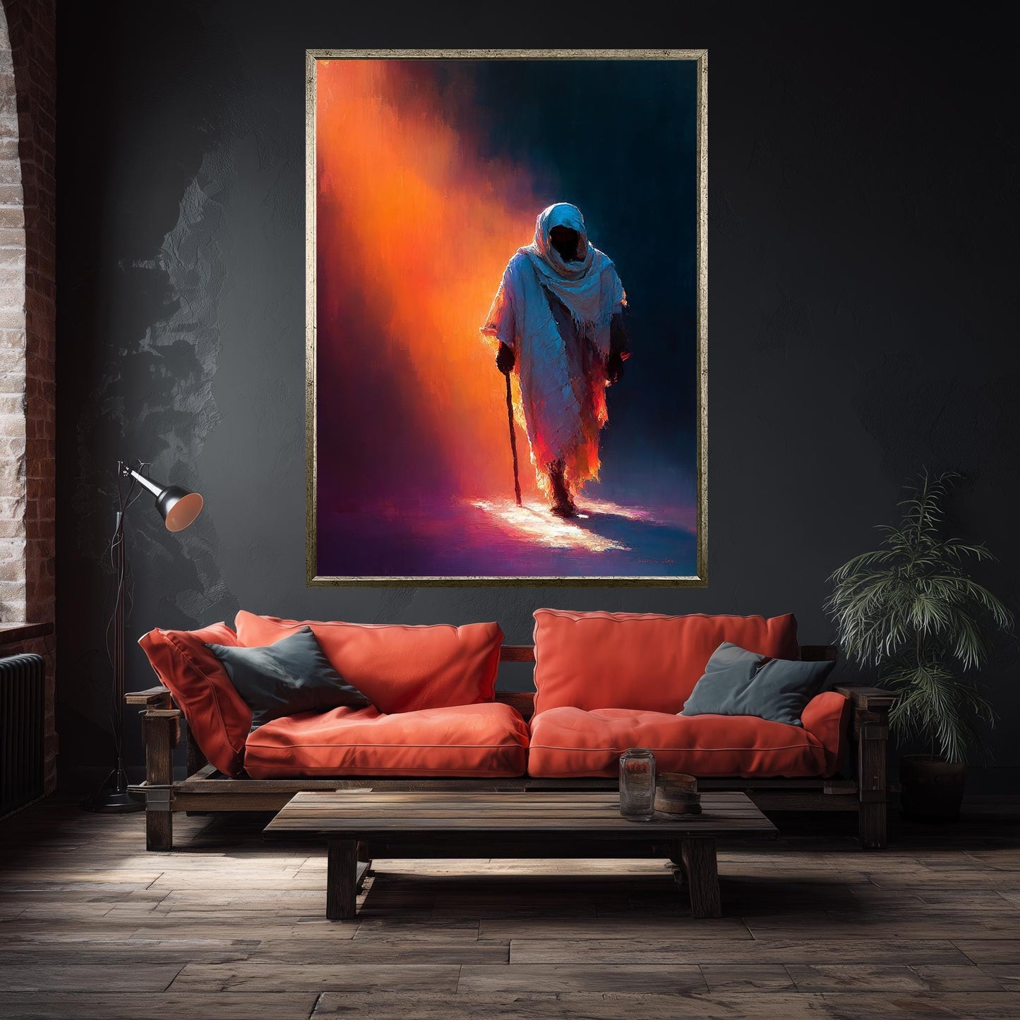 Jesus Walking in Light Modern Abstract Christian Painting Spiritual Wall Art in Warm Tones of Faith and Hope for Prayer Room or Home