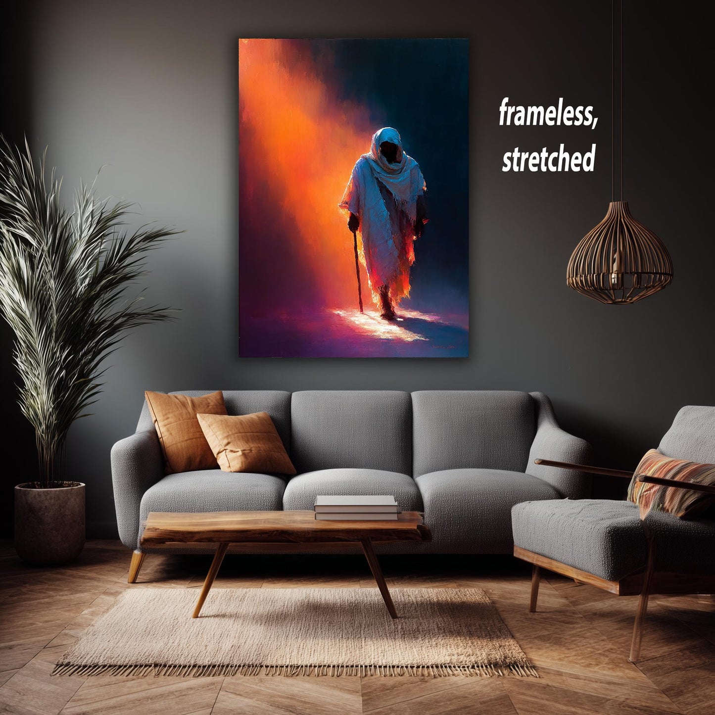 Jesus Walking in Light Modern Abstract Christian Painting Spiritual Wall Art in Warm Tones of Faith and Hope for Prayer Room or Home