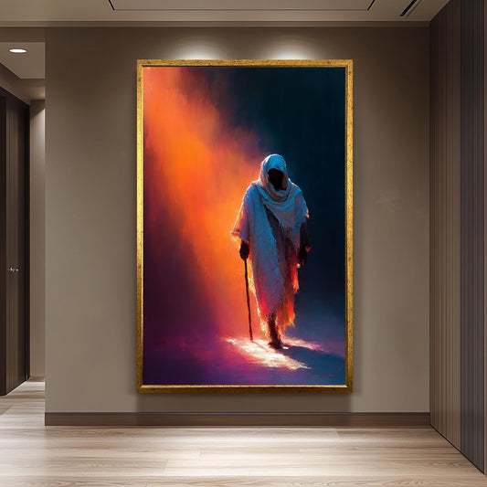 Jesus Walking in Light Modern Abstract Christian Painting Spiritual Wall Art in Warm Tones of Faith and Hope for Prayer Room or Home