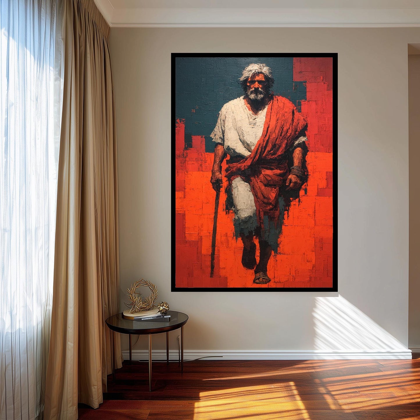 Bold Abstract Jesus Walking Painting in Red and Blue Modern Christian Wall Art Print for Faith-Inspired Homes or Prayer Room Decor