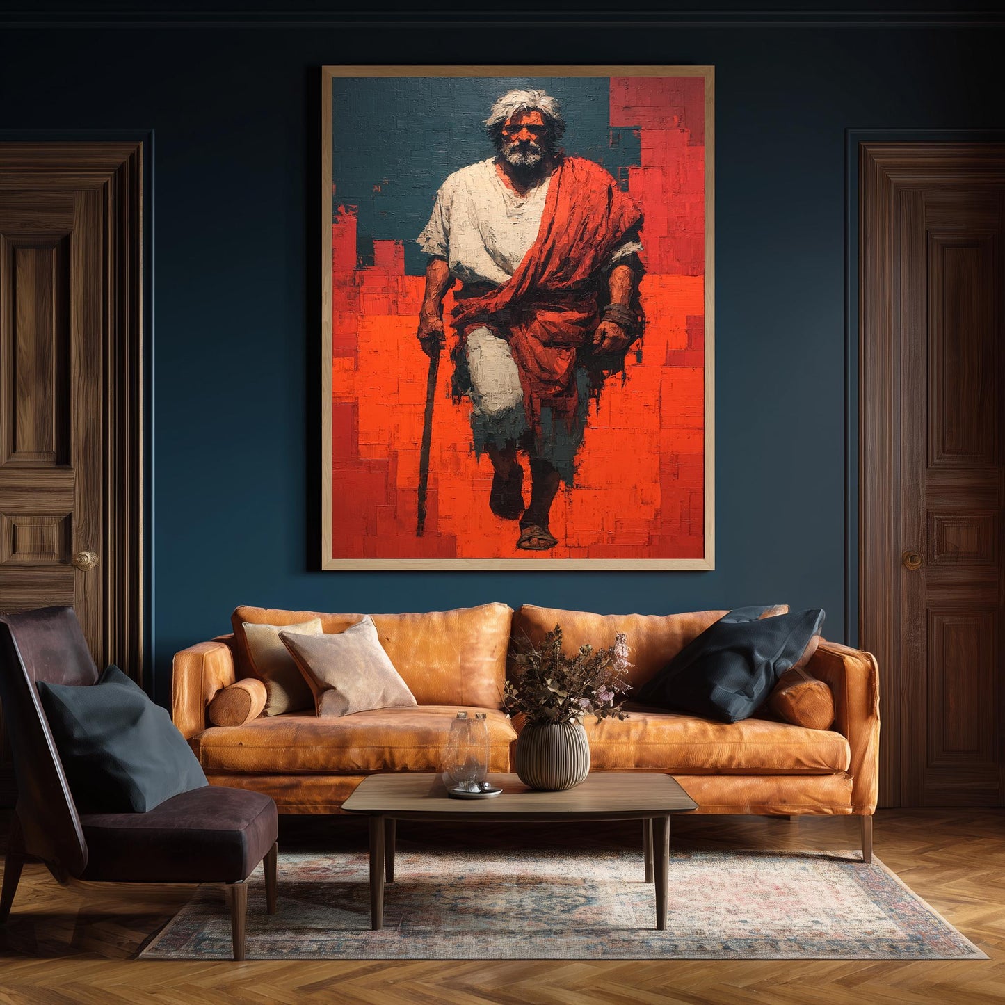 Bold Abstract Jesus Walking Painting in Red and Blue Modern Christian Wall Art Print for Faith-Inspired Homes or Prayer Room Decor