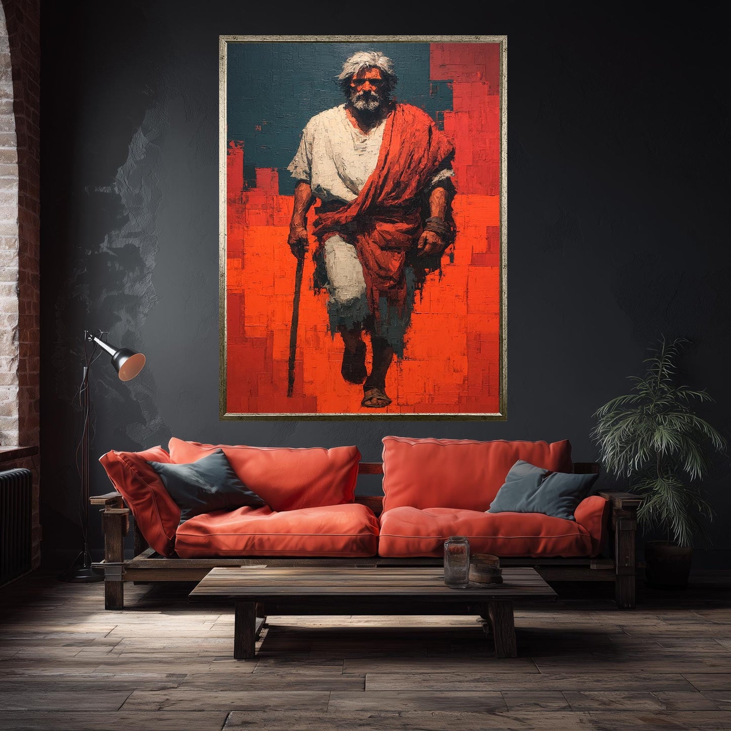 Bold Abstract Jesus Walking Painting in Red and Blue Modern Christian Wall Art Print for Faith-Inspired Homes or Prayer Room Decor
