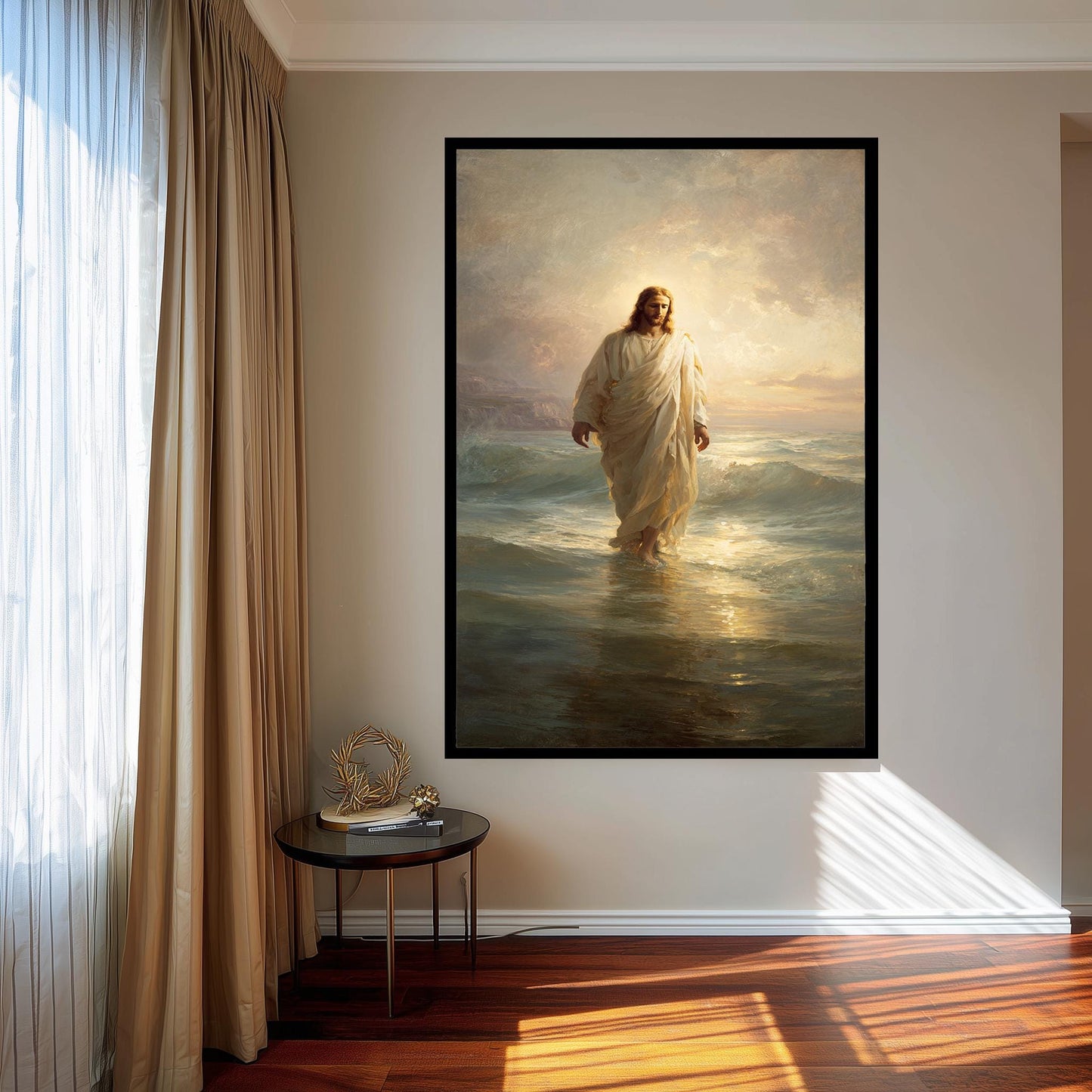 Jesus Walking on Water Classical Religious Painting Faith Wall Art Print in Golden Light for Christian Home Decor or Prayer Room Jesus Art