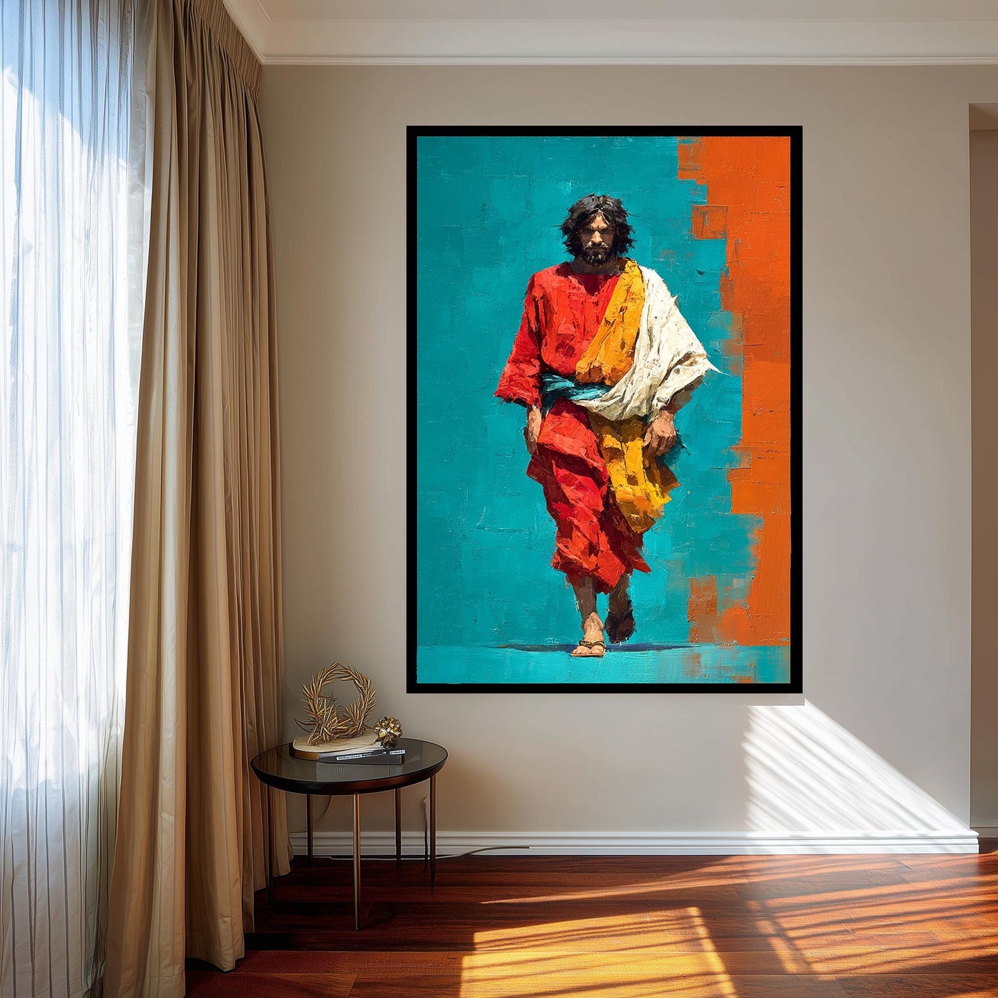 Vibrant Abstract Jesus Walking Painting in Red and Teal Bold Christian Wall Art Print for Modern Faith Decor or Prayer Room Display
