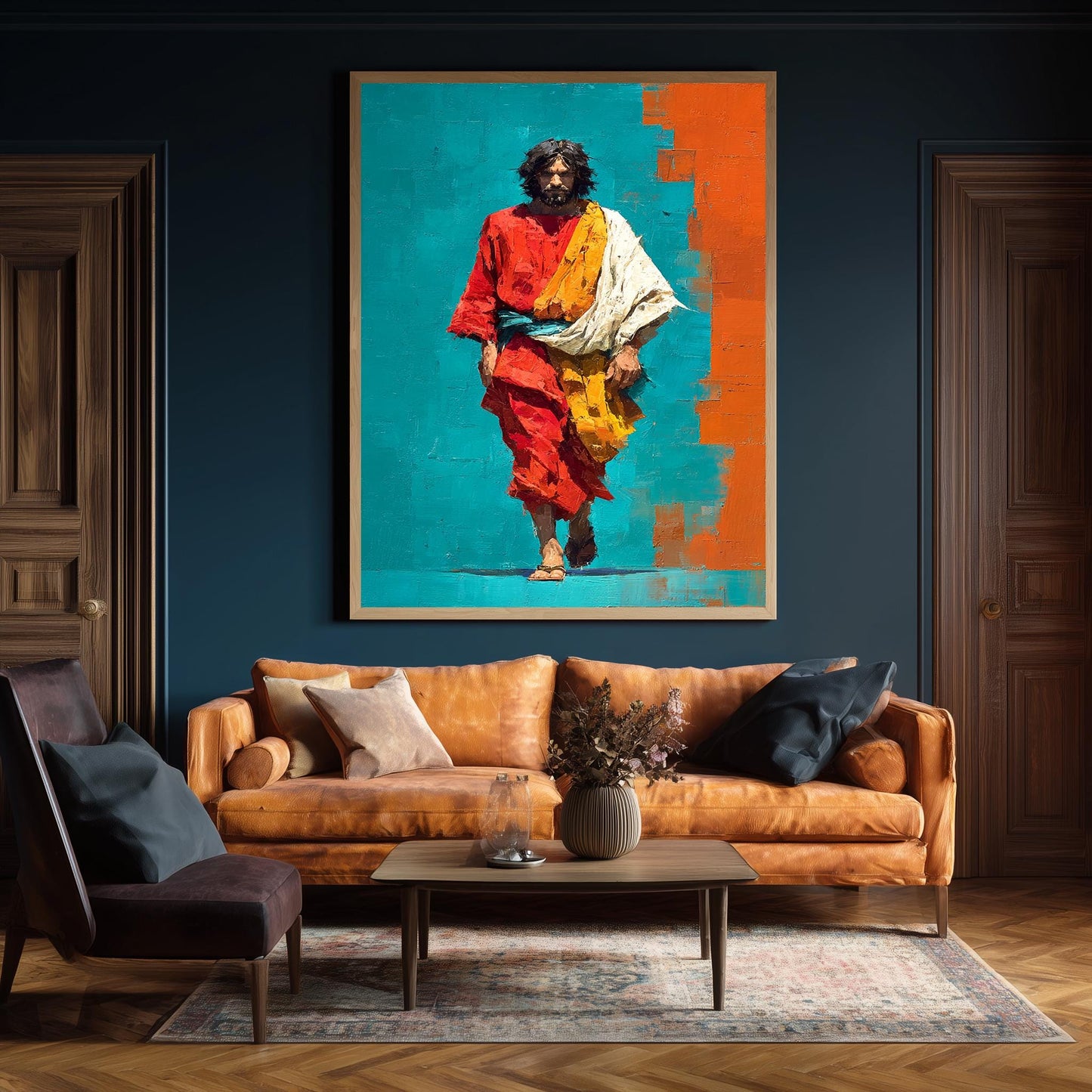 Vibrant Abstract Jesus Walking Painting in Red and Teal Bold Christian Wall Art Print for Modern Faith Decor or Prayer Room Display