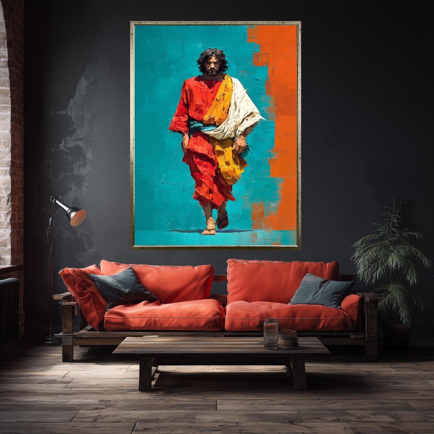 Vibrant Abstract Jesus Walking Painting in Red and Teal Bold Christian Wall Art Print for Modern Faith Decor or Prayer Room Display