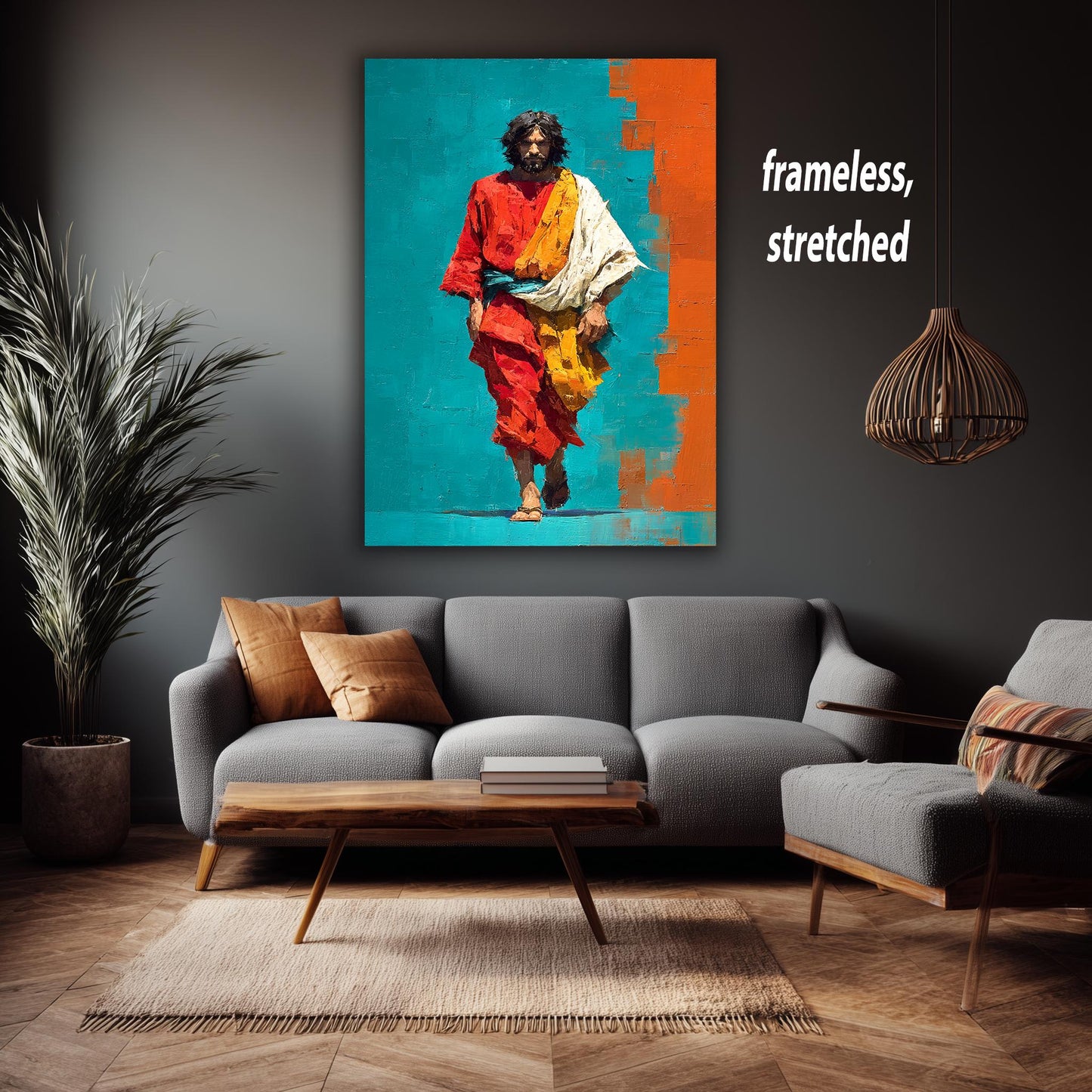 Vibrant Abstract Jesus Walking Painting in Red and Teal Bold Christian Wall Art Print for Modern Faith Decor or Prayer Room Display