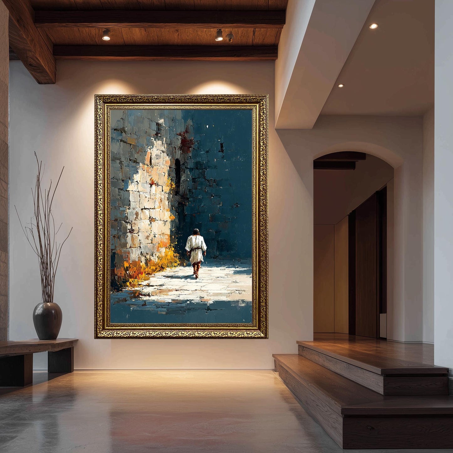 Jesus Walking Alone Along Ancient Wall Abstract Faith Painting Christian Wall Art Print for Reflection Spaces Prayer Rooms or Home Decor