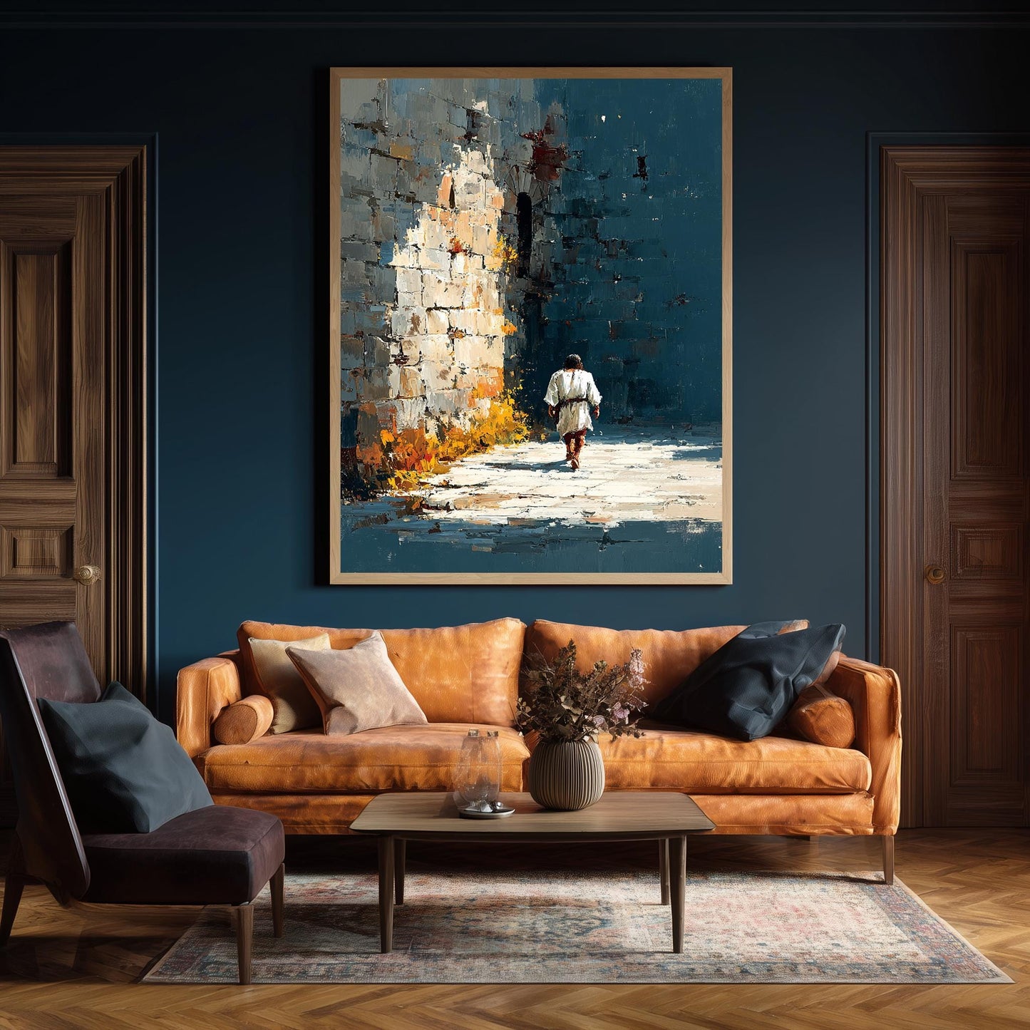 Jesus Walking Alone Along Ancient Wall Abstract Faith Painting Christian Wall Art Print for Reflection Spaces Prayer Rooms or Home Decor