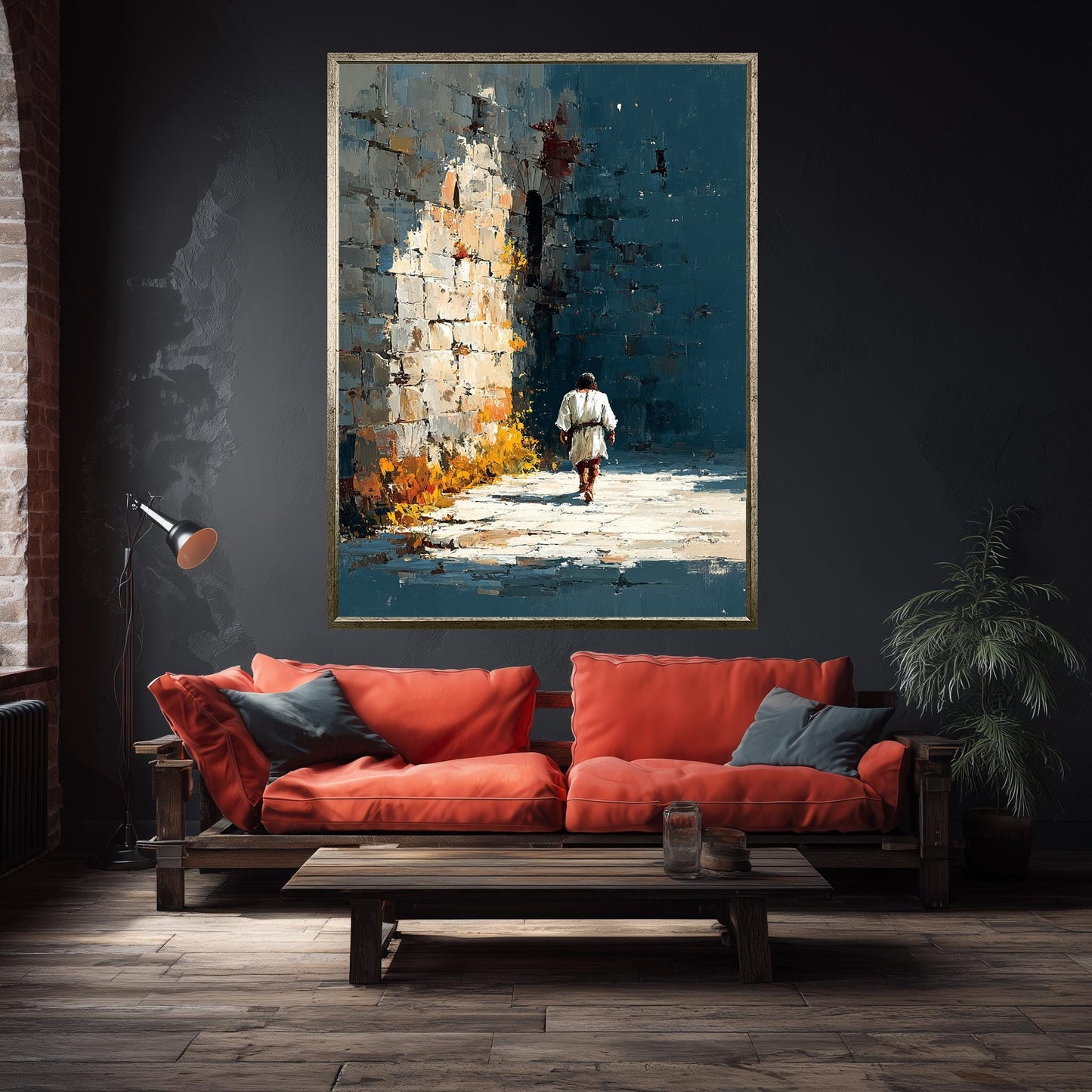 Jesus Walking Alone Along Ancient Wall Abstract Faith Painting Christian Wall Art Print for Reflection Spaces Prayer Rooms or Home Decor
