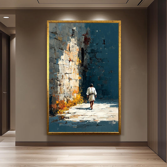 Jesus Walking Alone Along Ancient Wall Abstract Faith Painting Christian Wall Art Print for Reflection Spaces Prayer Rooms or Home Decor