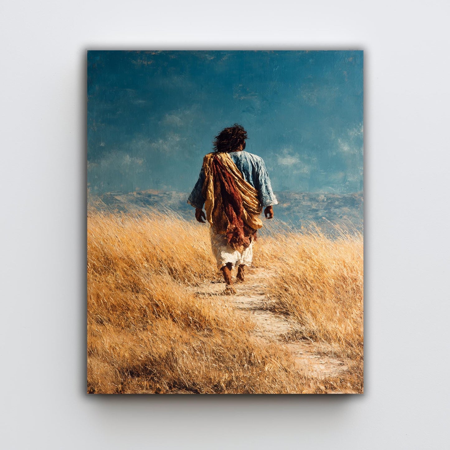 Jesus Walking Through Golden Field Painting Rustic Faith Wall Art Print for Christian Home Decor Prayer Room or Spiritual Gift Home Decor