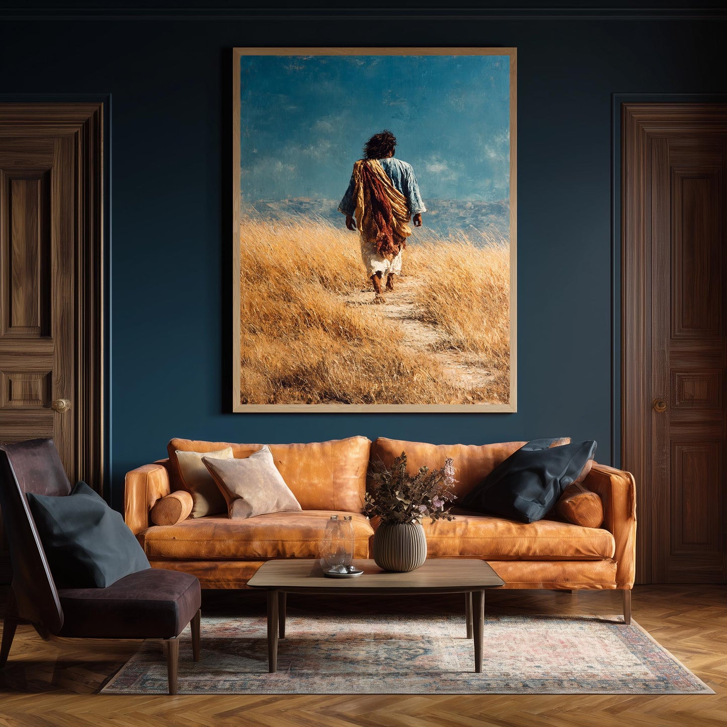 Jesus Walking Through Golden Field Painting Rustic Faith Wall Art Print for Christian Home Decor Prayer Room or Spiritual Gift Home Decor
