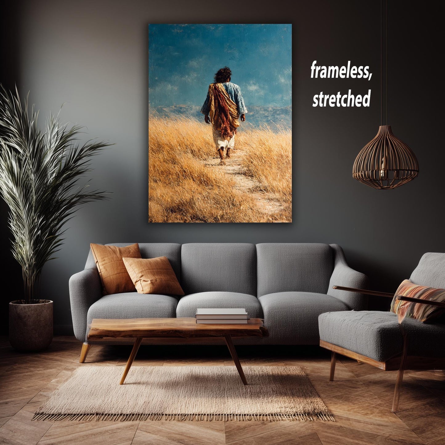 Jesus Walking Through Golden Field Painting Rustic Faith Wall Art Print for Christian Home Decor Prayer Room or Spiritual Gift Home Decor