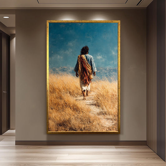 Jesus Walking Through Golden Field Painting Rustic Faith Wall Art Print for Christian Home Decor Prayer Room or Spiritual Gift Home Decor