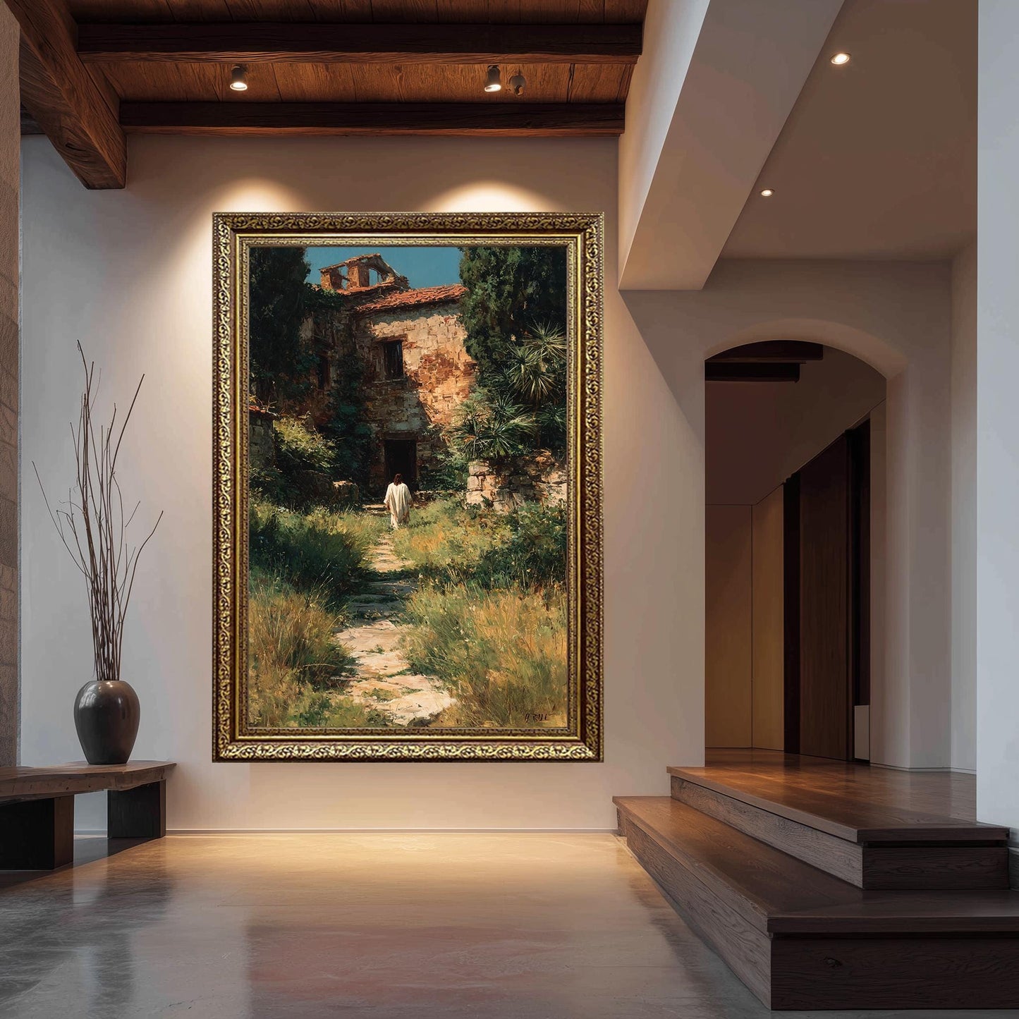 Jesus Walking Toward Ancient House in Overgrown Garden Rustic Faith Wall Art Print for Christian Home Prayer Room or Reflection Space