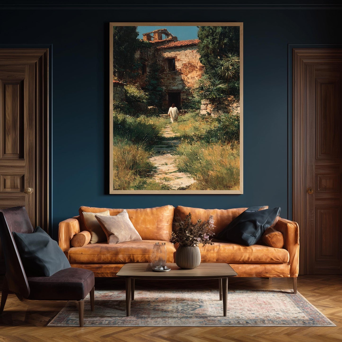 Jesus Walking Toward Ancient House in Overgrown Garden Rustic Faith Wall Art Print for Christian Home Prayer Room or Reflection Space