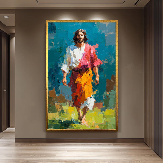 Abstract Jesus Walking Painting in Bold Impasto Style with Colorful Robes Christian Wall Art Print for Prayer Room or Modern Faith Decor