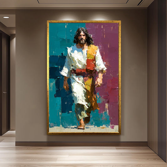 Jesus Walking Oil Painting on Canvas | Modern Abstract Religious Wall Art | Vibrant Christian Home Decor | Spiritual Gift for Believers
