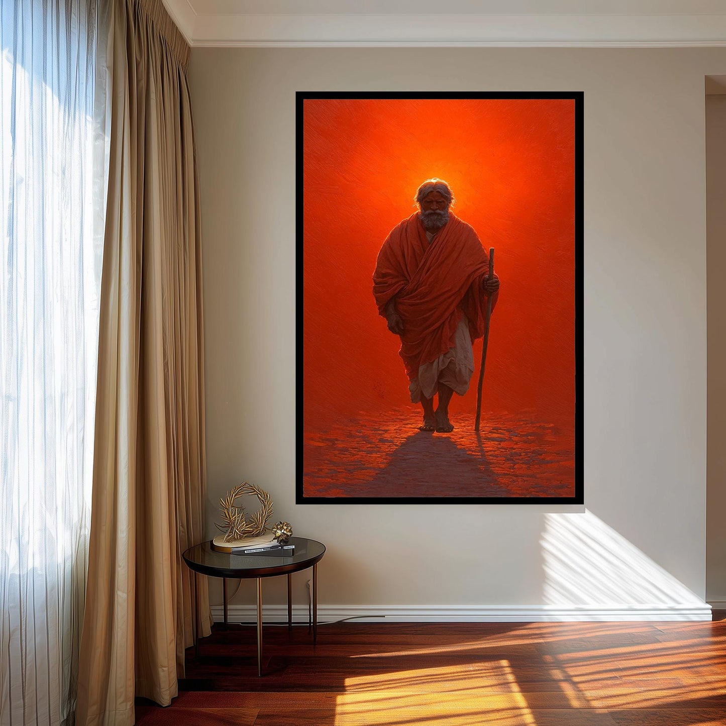 Spiritual Monk Walking Painting | Mystical Red Aura Canvas Art | Enlightened Sage Wall Decor | Symbolic Journey of Wisdom Artwork Jesus Art
