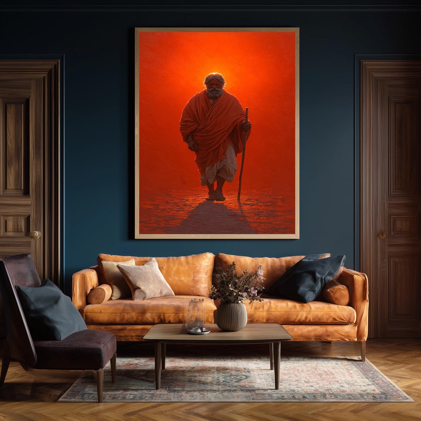 Spiritual Monk Walking Painting | Mystical Red Aura Canvas Art | Enlightened Sage Wall Decor | Symbolic Journey of Wisdom Artwork Jesus Art