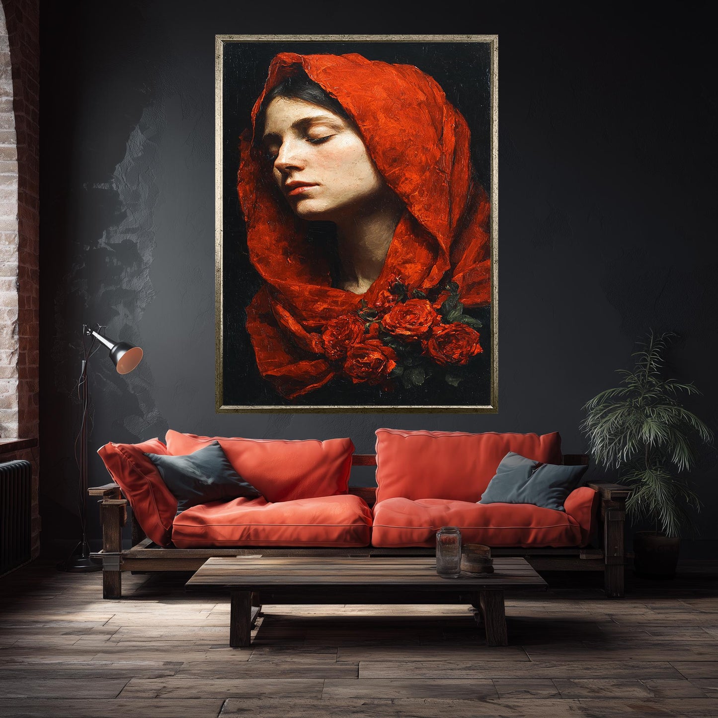 Mother Mary Roses Painting | Virgin Mary Wall Art with Red Veil and Floral Symbolism | Sacred Catholic Christian Home Decor Canvas