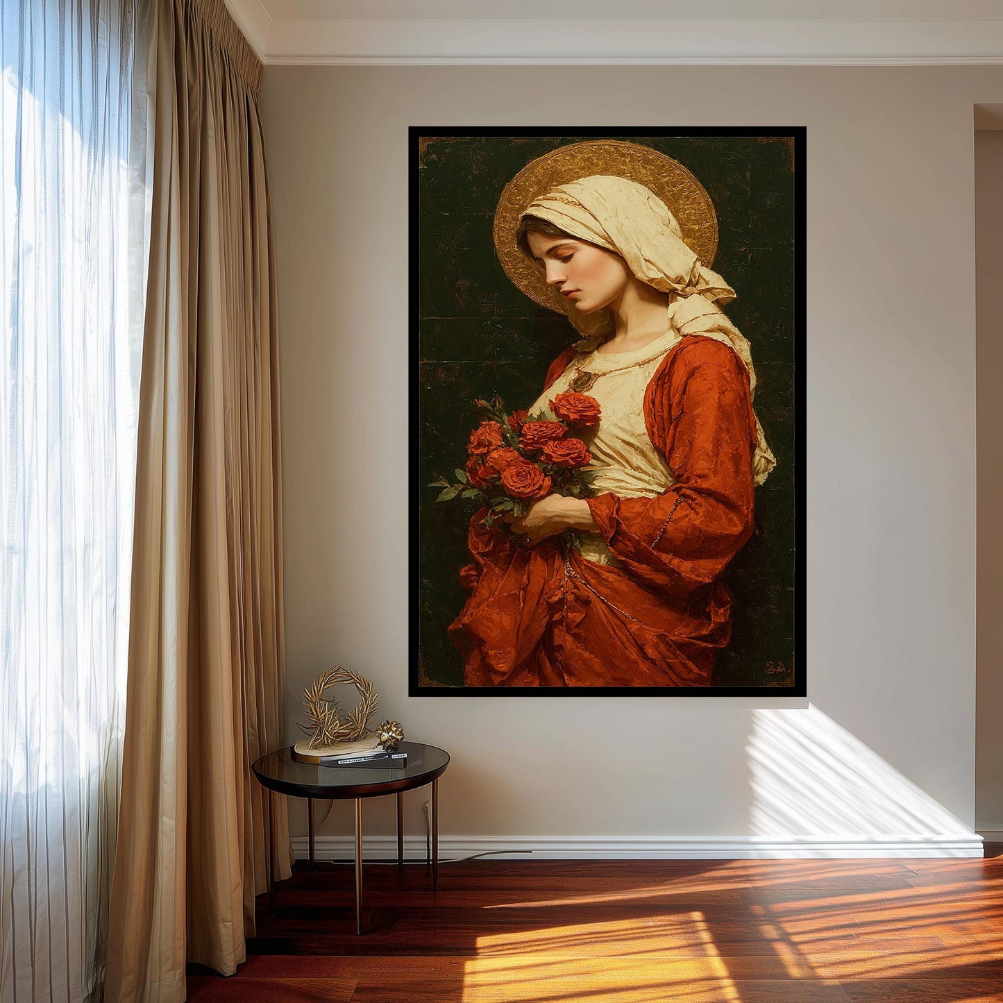 Virgin Mary Holding Roses Painting | Elegant Mother Mary Canvas Art with Golden Halo | Catholic Wall Decor for Prayer Room or Church