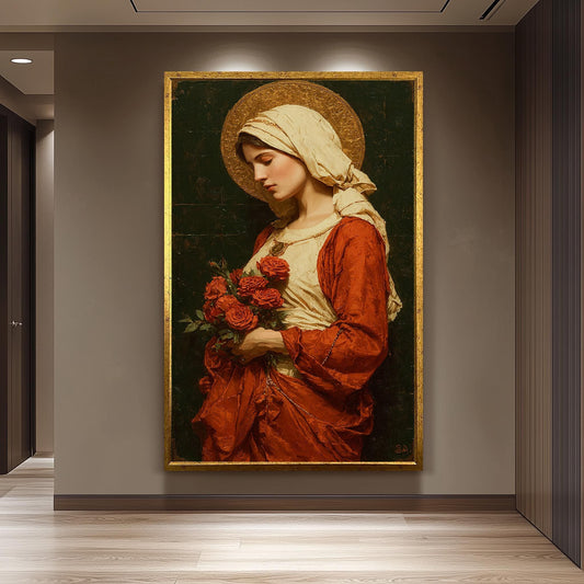 Virgin Mary Holding Roses Painting | Elegant Mother Mary Canvas Art with Golden Halo | Catholic Wall Decor for Prayer Room or Church