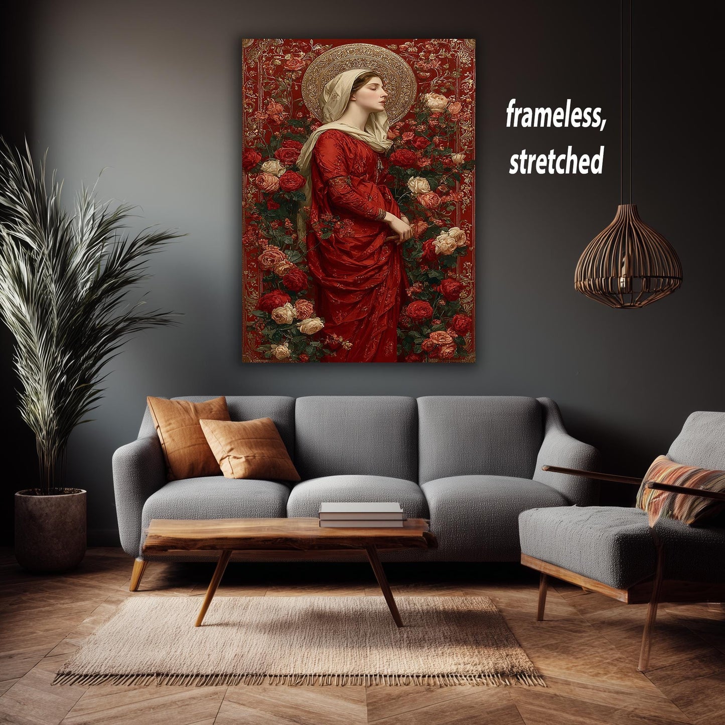 Mother Mary in Red Surrounded by Roses | Elegant Virgin Mary Canvas with Gold Halo | Catholic Religious Art for Prayer Room or Church