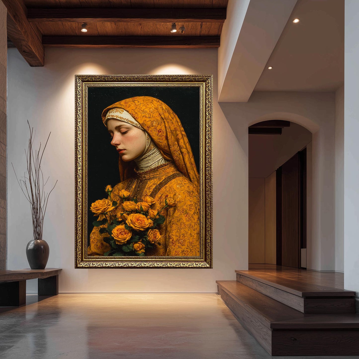 Mother Mary in Golden Robes with Yellow Roses | Peaceful Virgin Mary Canvas Art | Catholic Religious Wall Decor for Faithful Homes