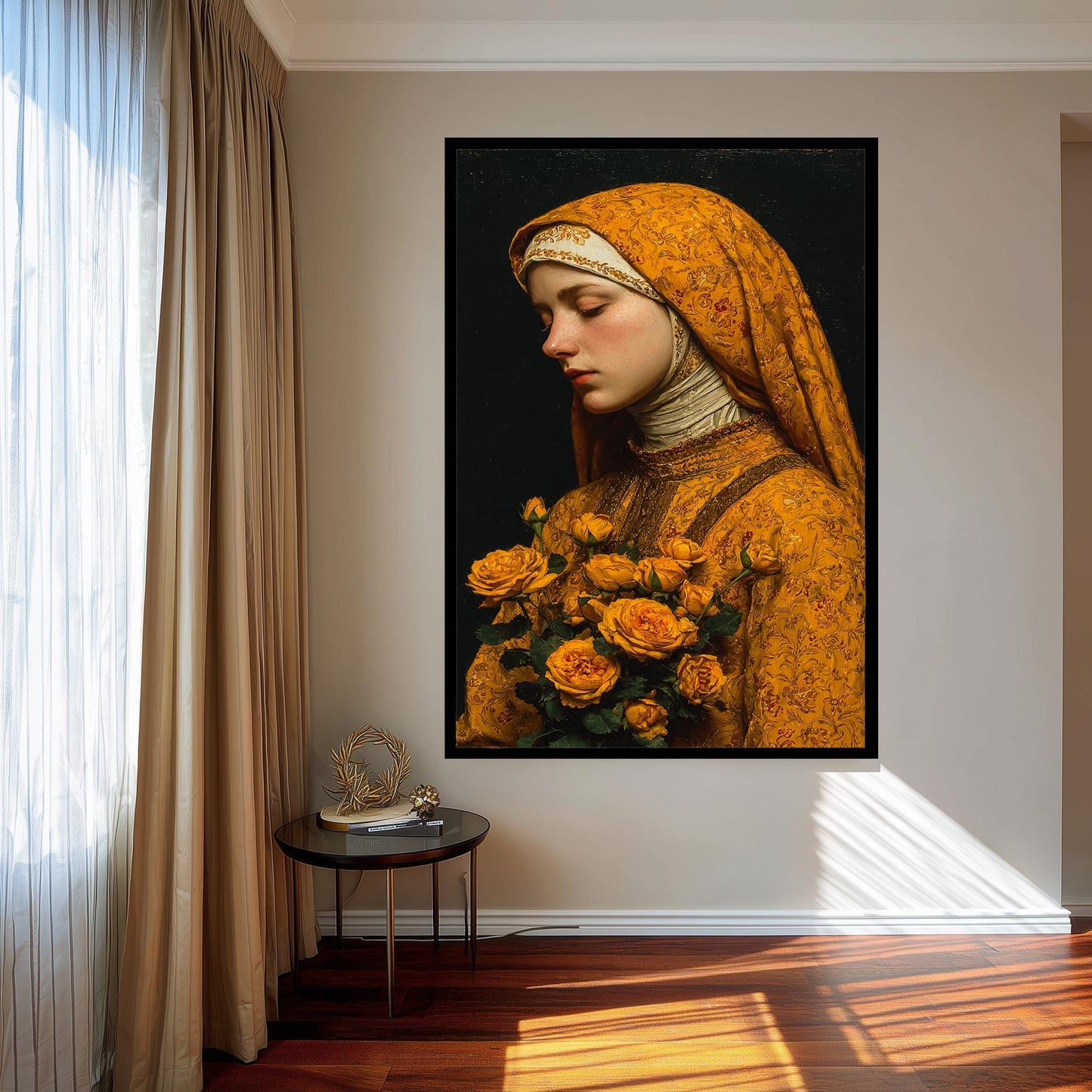 Mother Mary in Golden Robes with Yellow Roses | Peaceful Virgin Mary Canvas Art | Catholic Religious Wall Decor for Faithful Homes