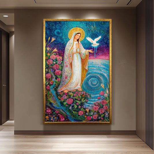Virgin Mary with Dove and Floral Meadow | Colorful Catholic Canvas Art of Our Lady in Radiant Light | Spiritual Wall Decor for Home Mary Art