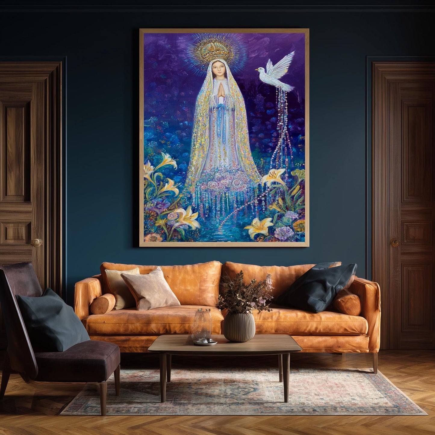 Our Lady of Grace in Crown with Dove and Lilies | Mystical Virgin Mary Painting with Rosy Gown and Floral Light | Catholic Wall Art Mary Art