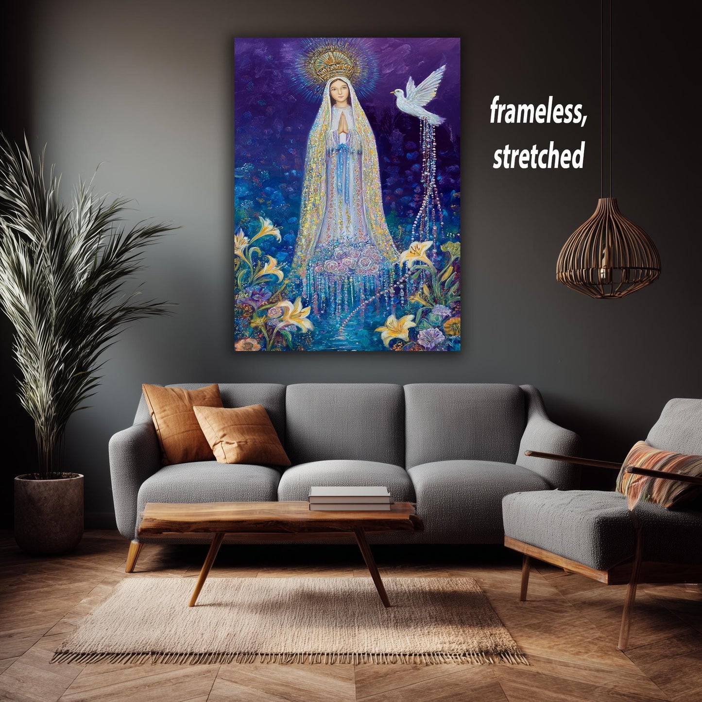 Our Lady of Grace in Crown with Dove and Lilies | Mystical Virgin Mary Painting with Rosy Gown and Floral Light | Catholic Wall Art Mary Art