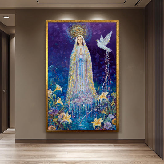 Our Lady of Grace in Crown with Dove and Lilies | Mystical Virgin Mary Painting with Rosy Gown and Floral Light | Catholic Wall Art Mary Art