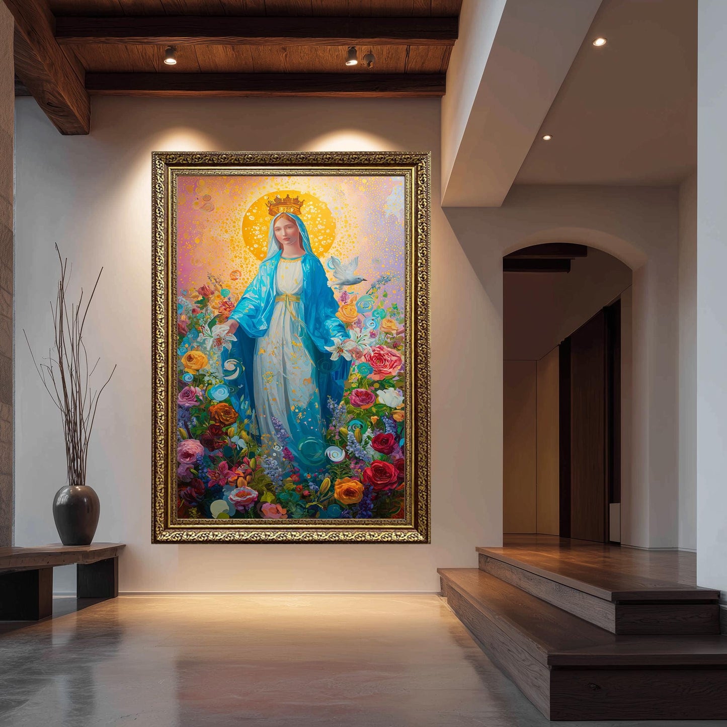 Virgin Mary Wall Art Colorful Floral Catholic Canvas Print Holy Mother With Blue Cloak Surrounded By Roses Lilies And Divine Light